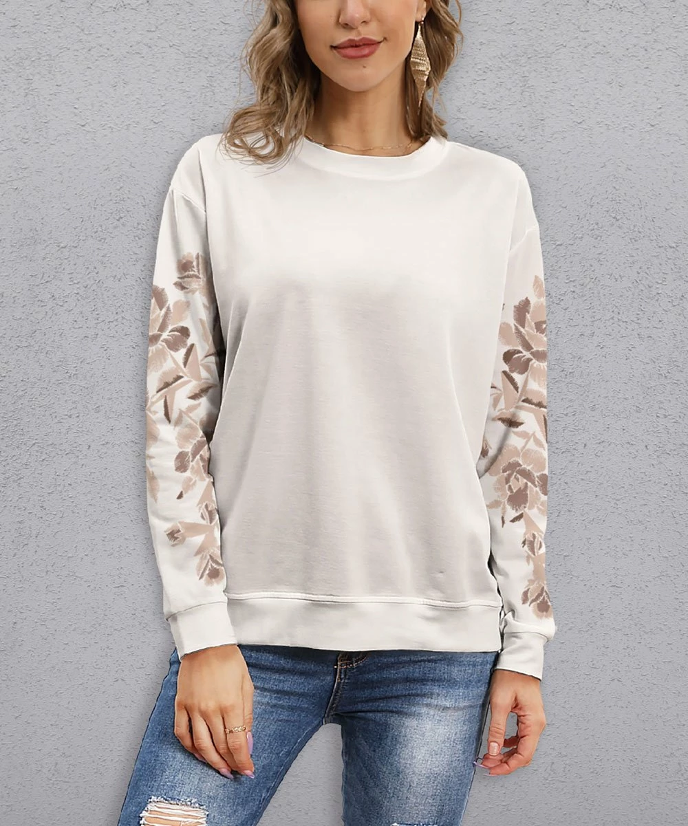 Coupon ⭐ PixieLady Beige & Brown Floral-Sleeve Lightweight Crewneck Sweatshirt - 👩 Women 🔔 - Image 2