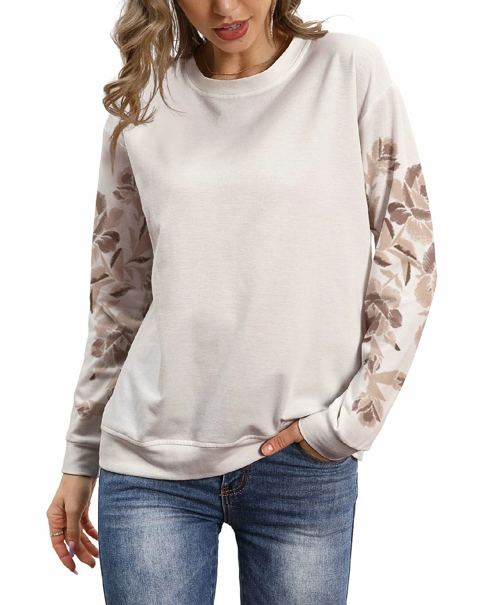 Coupon ⭐ PixieLady Beige & Brown Floral-Sleeve Lightweight Crewneck Sweatshirt - 👩 Women 🔔 - Image 3