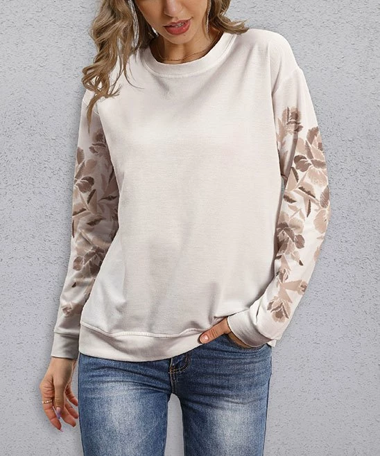 Coupon ⭐ PixieLady Beige & Brown Floral-Sleeve Lightweight Crewneck Sweatshirt - 👩 Women 🔔