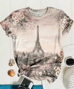 Buy ๐ PixieLady Beige & Gray Eiffel Tower Crewneck Tee - ๐ฉ Women & Plus ๐คฉ