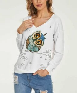 Best deal ⭐ PixieLady White & Blue Owl V-Neck Sweatshirt - 👩 Women 😀