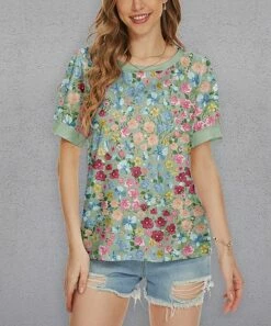 Discount โ PixieLady Pastel Green Floral Puff-Sleeve Tee - ๐ฉ Women & Plus ๐ฅฐ