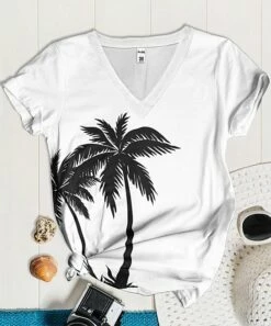 Best deal 💯 PixieLady White & Black Palm Tree V-Neck Tee - 👩 Women & Plus 🔥