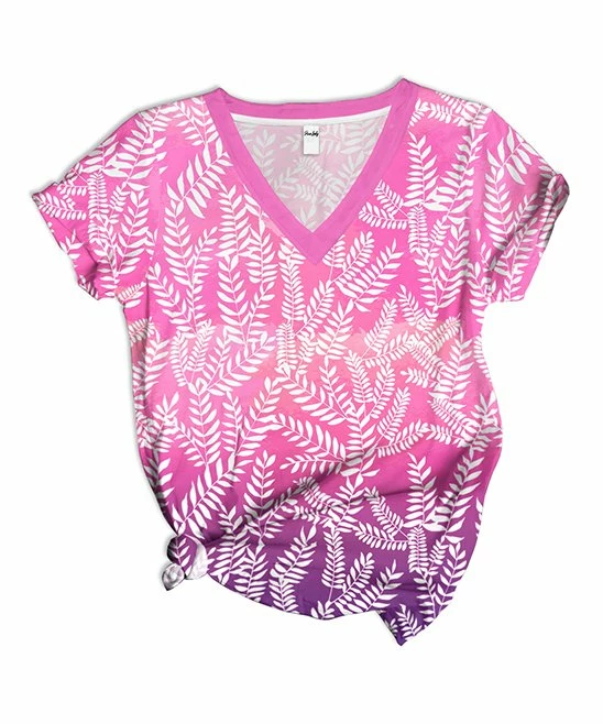 Best deal ๐ PixieLady Pink & Purple Ombrรฉ Fern Frond V-Neck Tee - Plus ๐ - Image 2