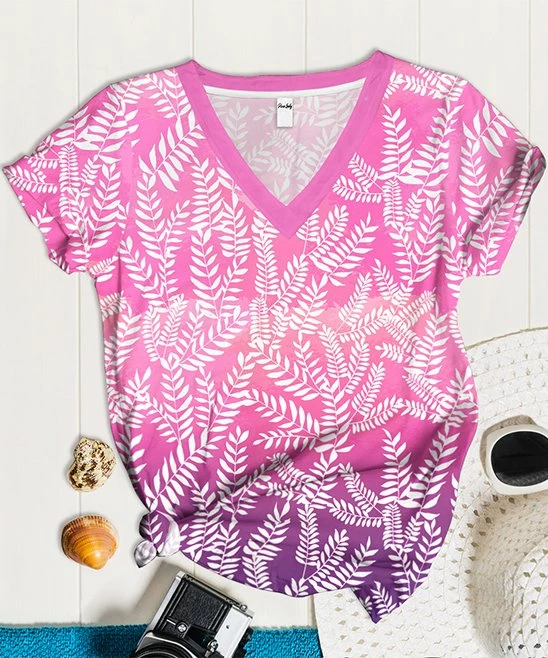 Best deal ๐ PixieLady Pink & Purple Ombrรฉ Fern Frond V-Neck Tee - Plus ๐