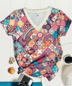 Best Sale ❤️ PixieLady Pink & Teal Patchwork V-Neck Tee - 👩 Women 🧨