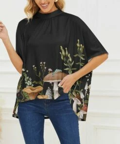 Best reviews of 🧨 PixieLady Black Still Life Mock Neck Tie-Back Cape-Sleeve Top - Plus 🤩
