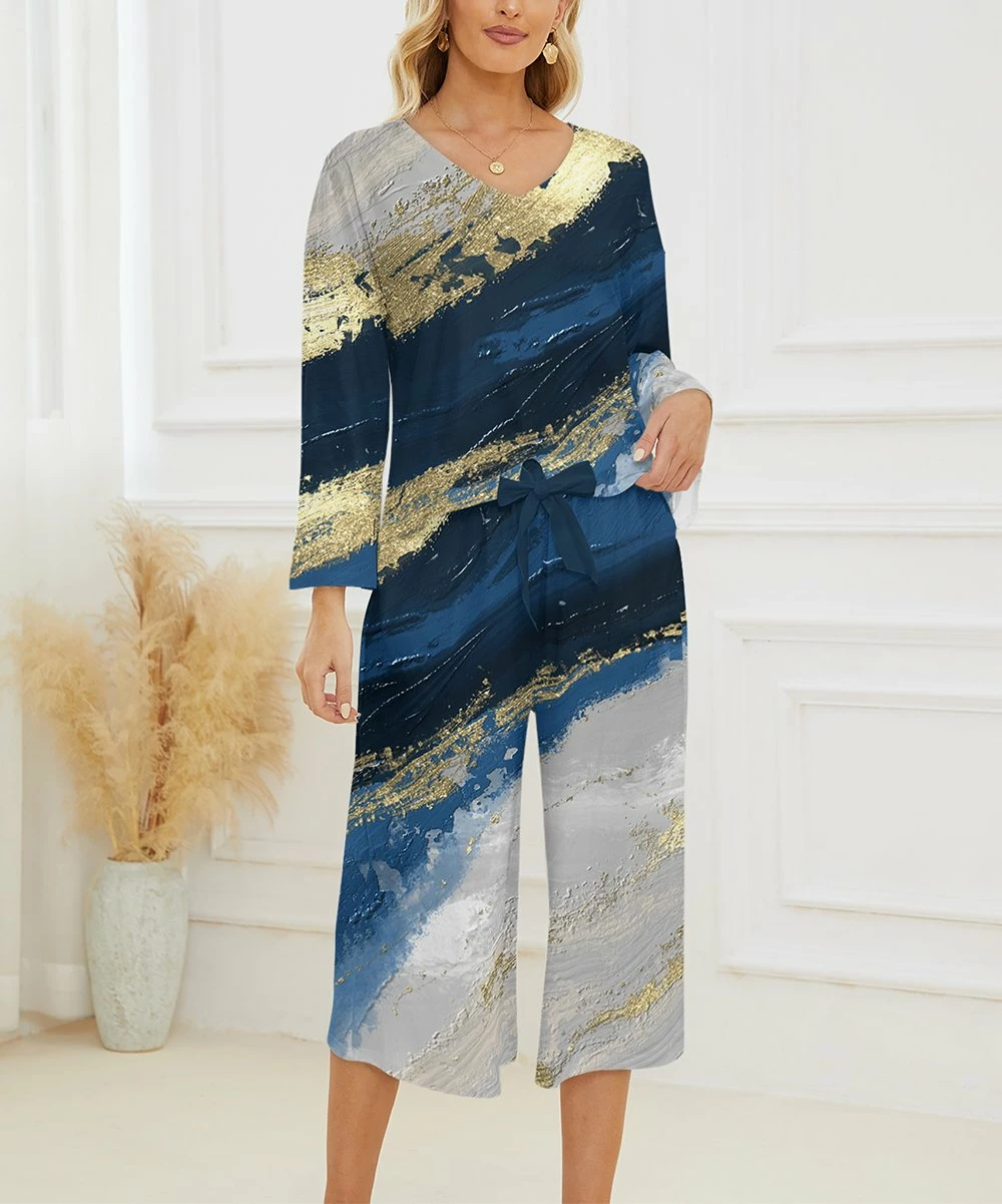 Outlet 🥰 PixieLady Gray & Yellow Watercolor Bell-Sleeve V-Neck Top & Capri Pants - Plus 🎉 - Image 2