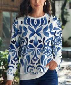 Budget 😀 PixieLady White & Dark Blue Geometric Crewneck Sweatshirt - 👩 Women 🔥