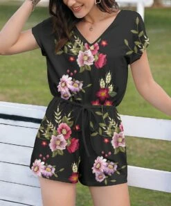 Deals 🔔 PixieLady Black & Light Pink Floral Tie-Back V-Neck Romper - 👩 Women 🔔