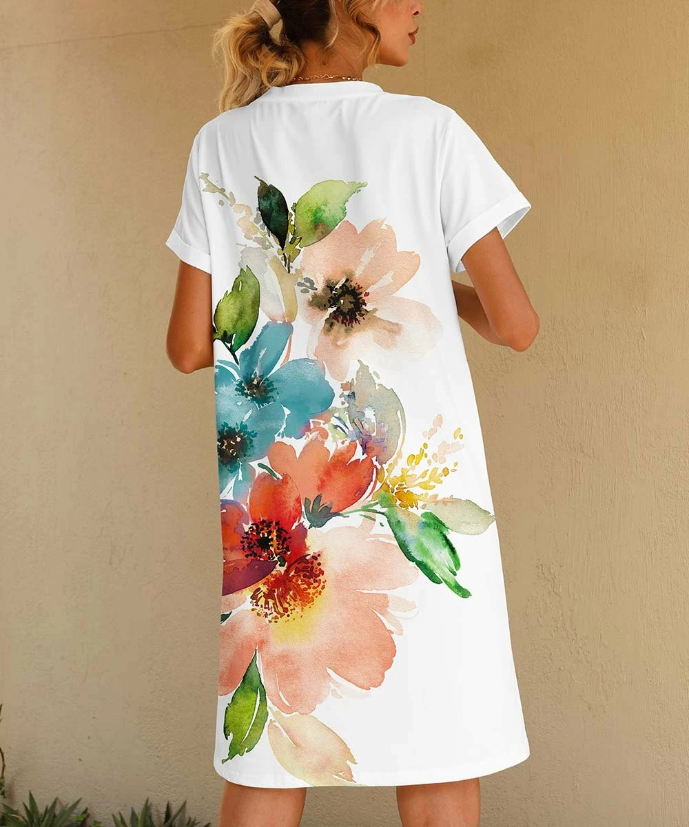 Wholesale ๐งจ PixieLady White & Blue Watercolor Floral T-Shirt ๐ Dress - ๐ฉ Women & Plus ๐ฅ - Image 2