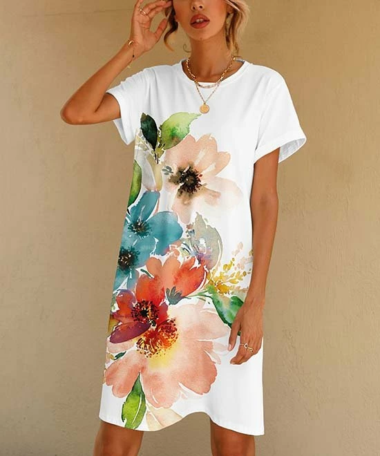 Wholesale ๐งจ PixieLady White & Blue Watercolor Floral T-Shirt ๐ Dress - ๐ฉ Women & Plus ๐ฅ