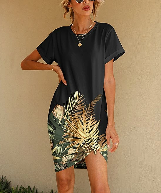 Deals ⌛ PixieLady Black & Tan Tropical Leaves T-Shirt 👗 Dress - 👩 Women & Plus 🔥