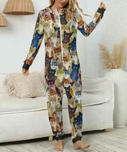 Cheap 💯 PixieLady Blue & Beige Cats Hooded Zip-Up One-Piece Pajama - 👩 Women & Plus 🎉